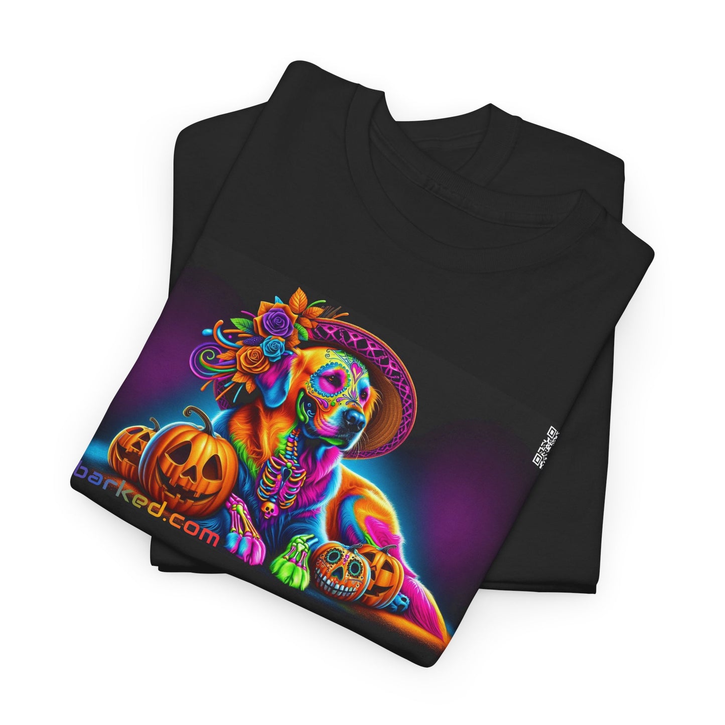 UNBARKED! Halloween Collection - Golden Retreiver Dog Vibrant Día de Muertos Tattoo Unisex Heavy Cotton Tee