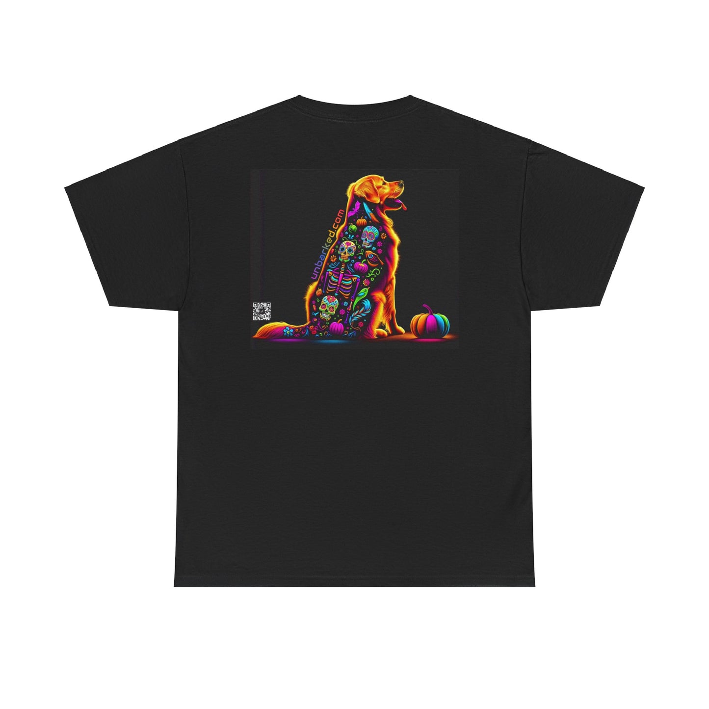 UNBARKED! Halloween Collection - Golden Retreiver Dog Vibrant Día de Muertos Tattoo Unisex Heavy Cotton Tee