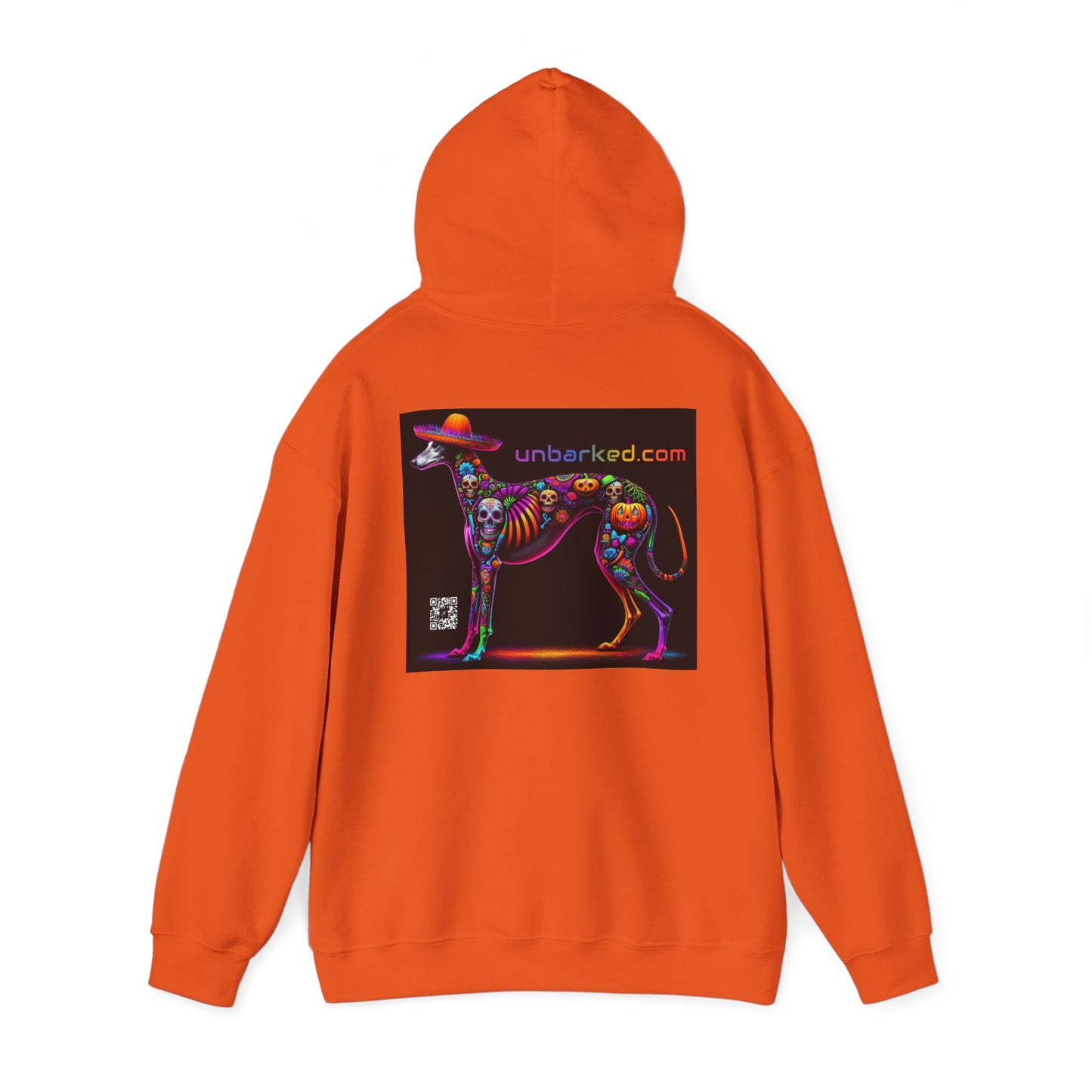 Unisex Heavy Blend™ Hooded Sweatshirt UNBARKED! Halloween Collection - Galgo Greyhound Dog Vibrant Día de Muertos Tattoo
