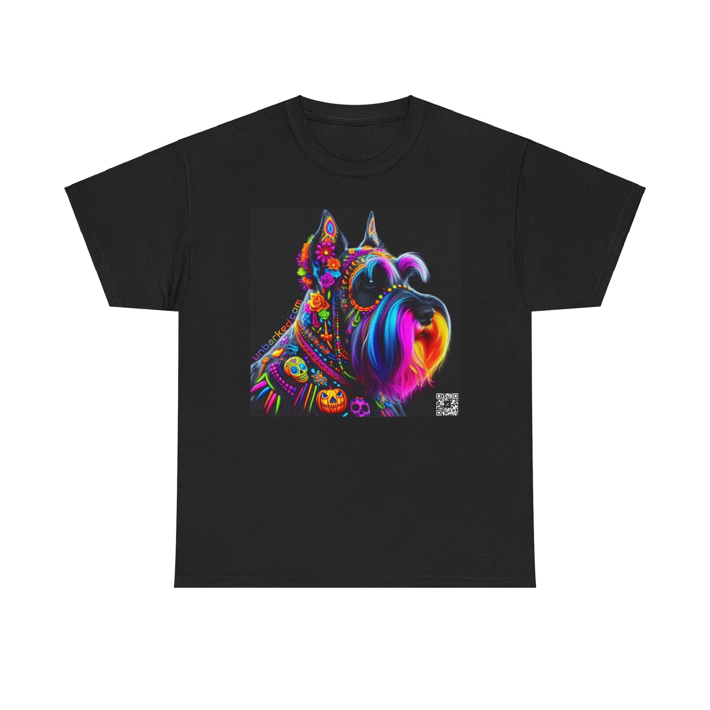 UNBARKED! Halloween Collection - Schnauzer Dog Vibrant Día de Muertos Tattoo Unisex Heavy Cotton Tee