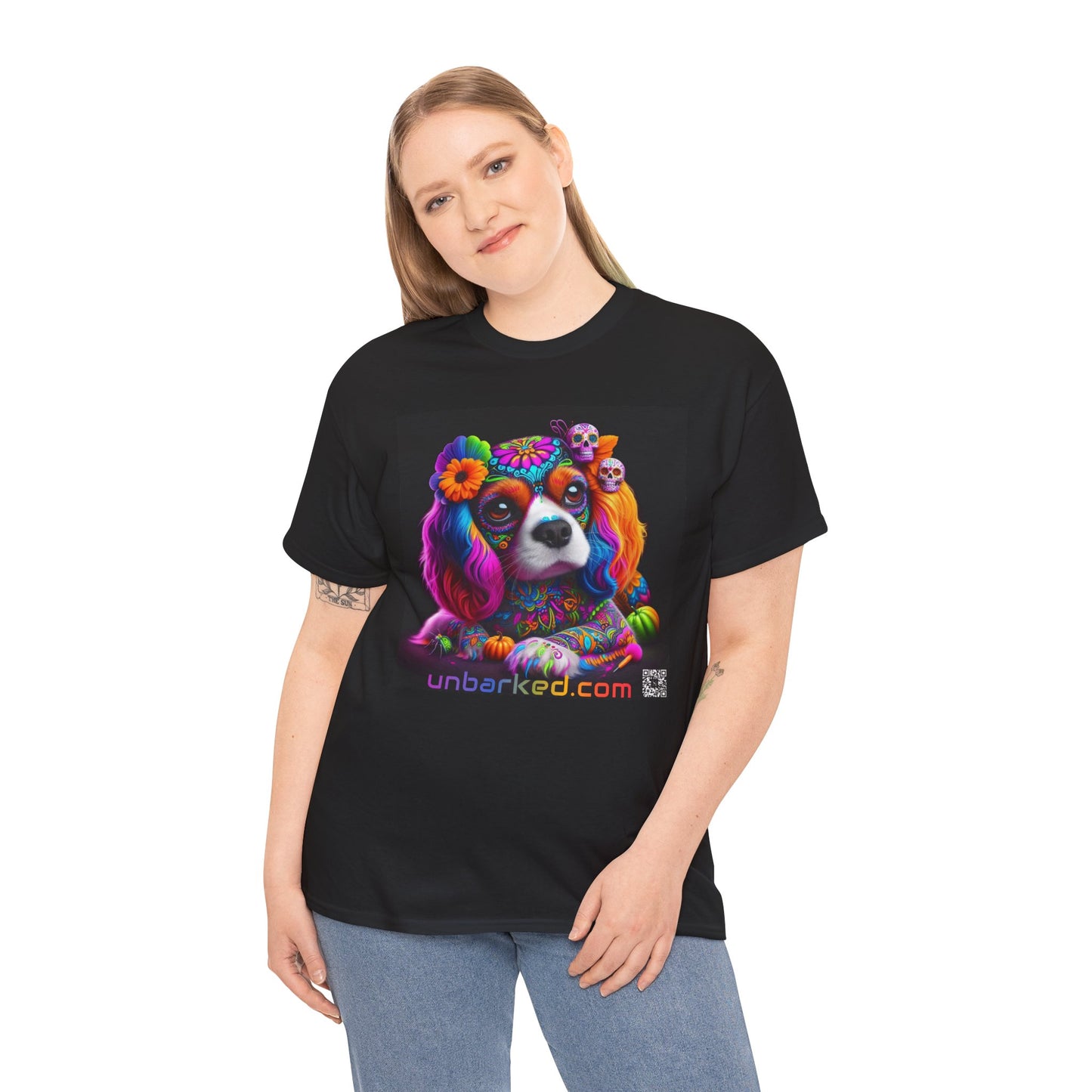 UNBARKED! Halloween Collection - Cavalier King Charles Spaniel Dog Vibrant Día de Muertos Tattoo Unisex Heavy Cotton Tee