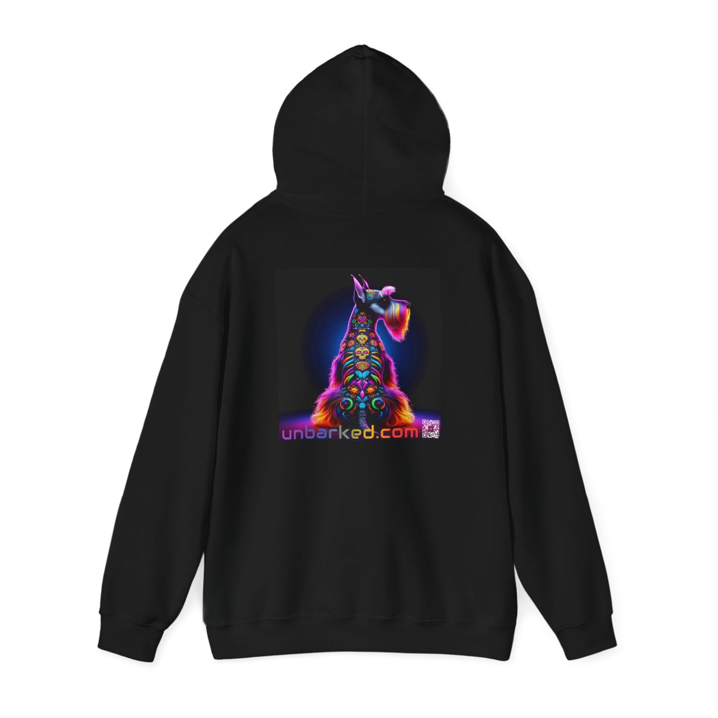 Unisex Heavy Blend™ Hooded Sweatshirt UNBARKED! Halloween Collection - Schnauzer Dog Vibrant Día de Muertos Tattoo