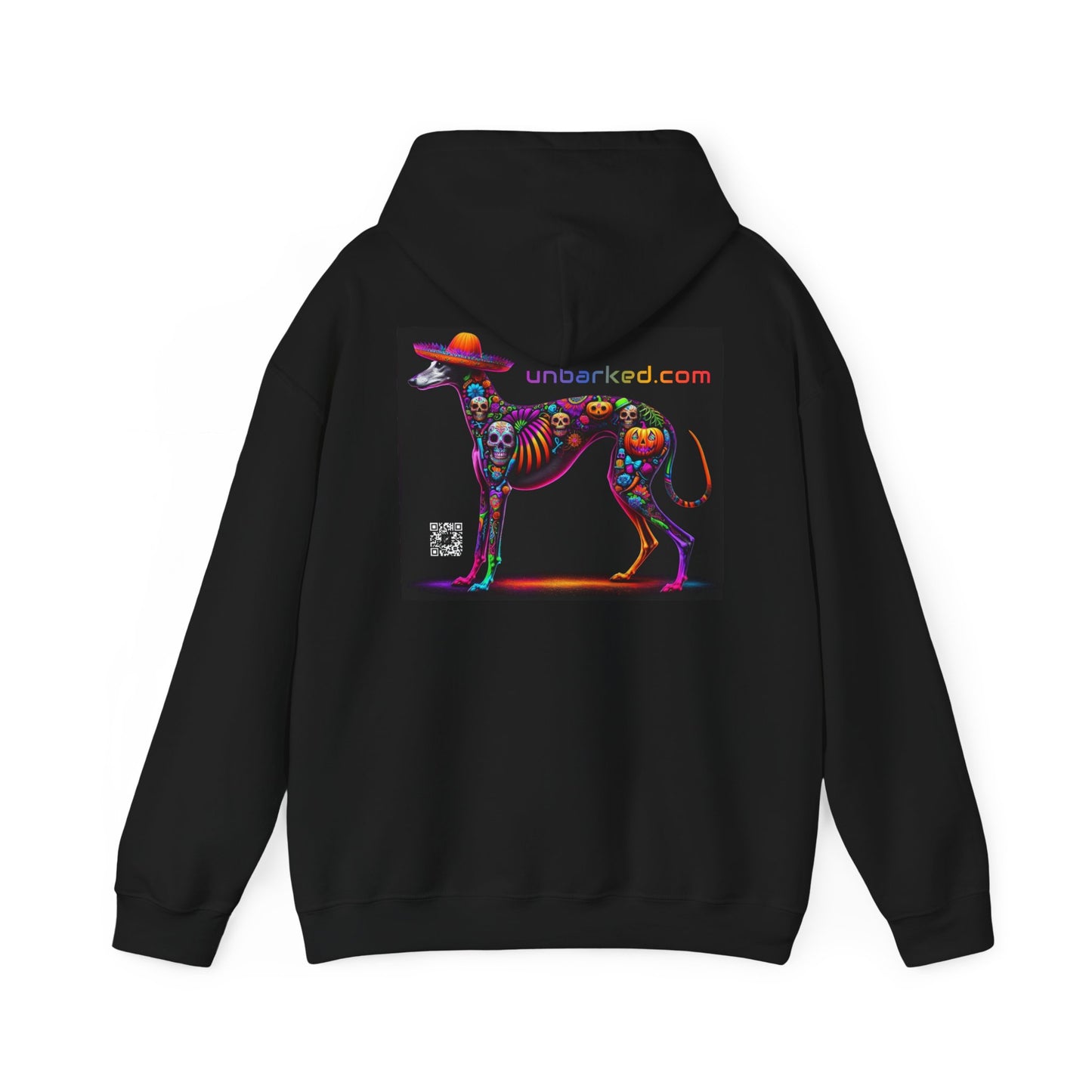 Unisex Heavy Blend™ Hooded Sweatshirt UNBARKED! Halloween Collection - Galgo Greyhound Dog Vibrant Día de Muertos Tattoo