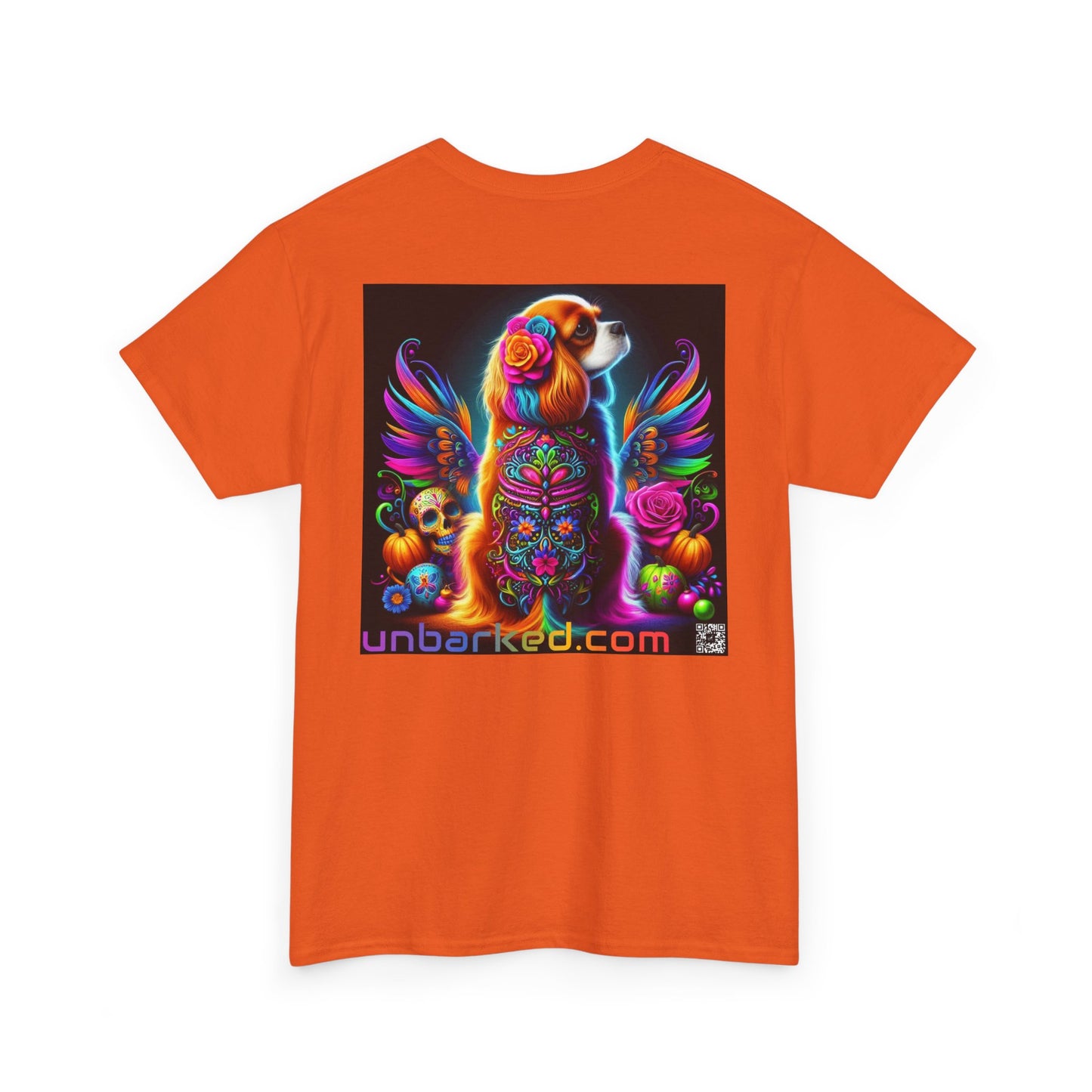 UNBARKED! Halloween Collection - Cavalier King Charles Spaniel Dog Vibrant Día de Muertos Tattoo Unisex Heavy Cotton Tee