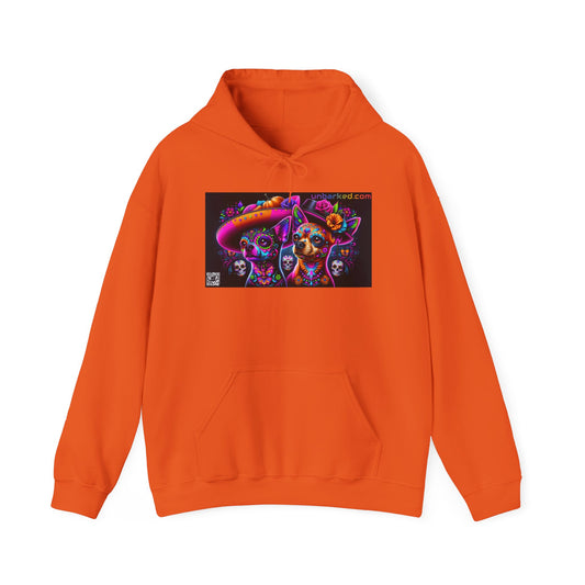 Unisex Heavy Blend™ Hooded Sweatshirt UNBARKED! Halloween Collection - Chihuahua Vibrant Día de Muertos Tattoo