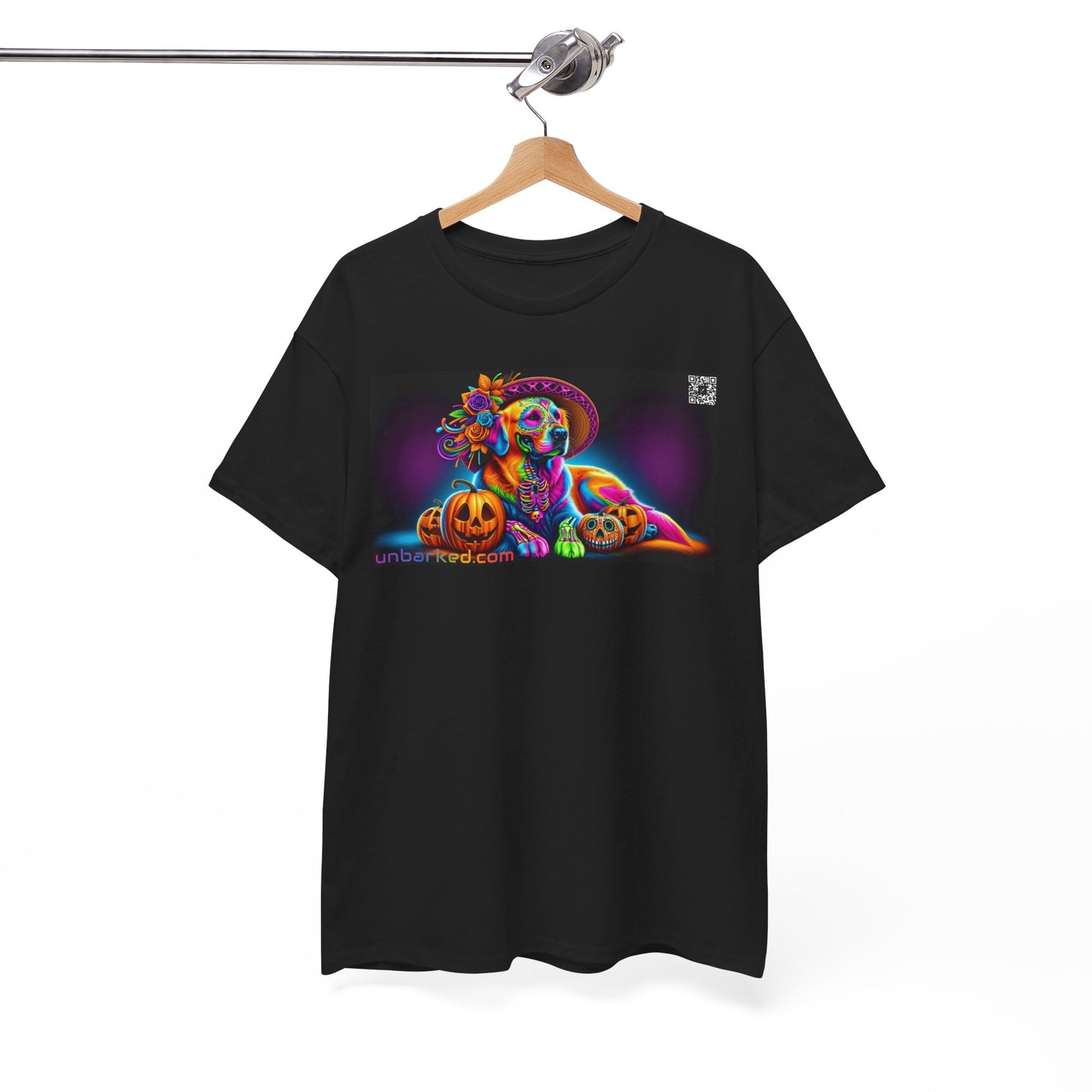 UNBARKED! Halloween Collection - Golden Retreiver Dog Vibrant Día de Muertos Tattoo Unisex Heavy Cotton Tee