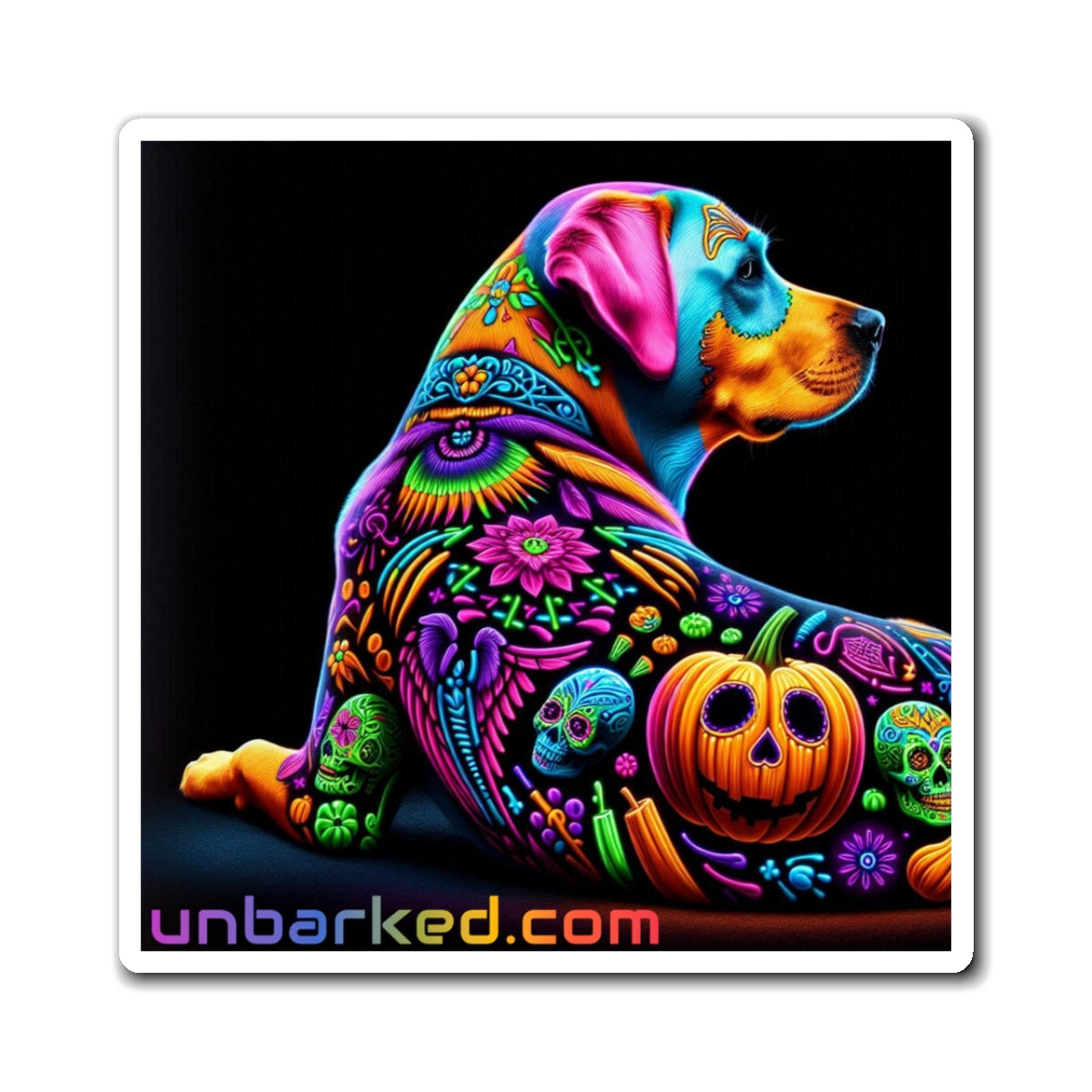 3" Square Magnet - UNBARKED! Halloween Collection - Labrador Retreiver Dog Vibrant Día de Muertos Tattoo