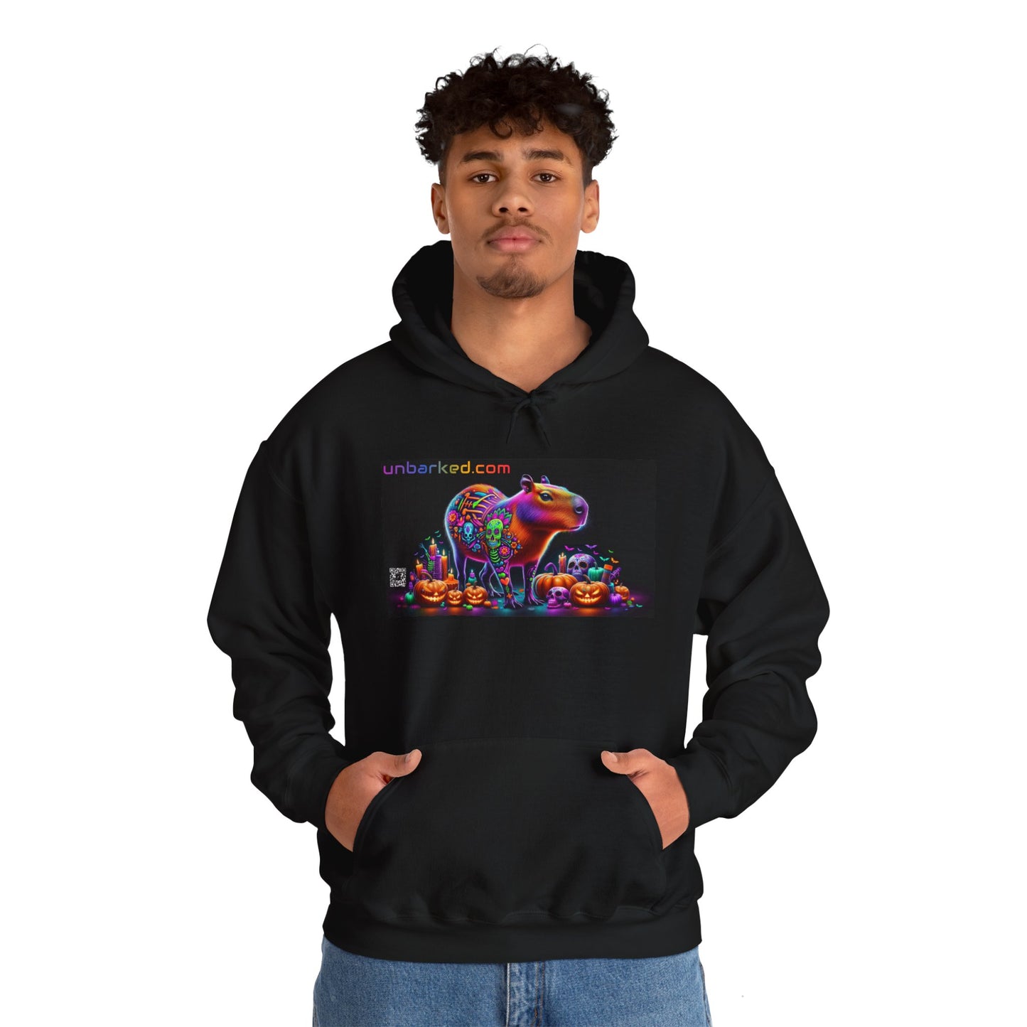 Unisex Heavy Blend™ Hooded Sweatshirt UNBARKED! Halloween Collection - Cappybara Vibrant Día de Muertos Tattoo
