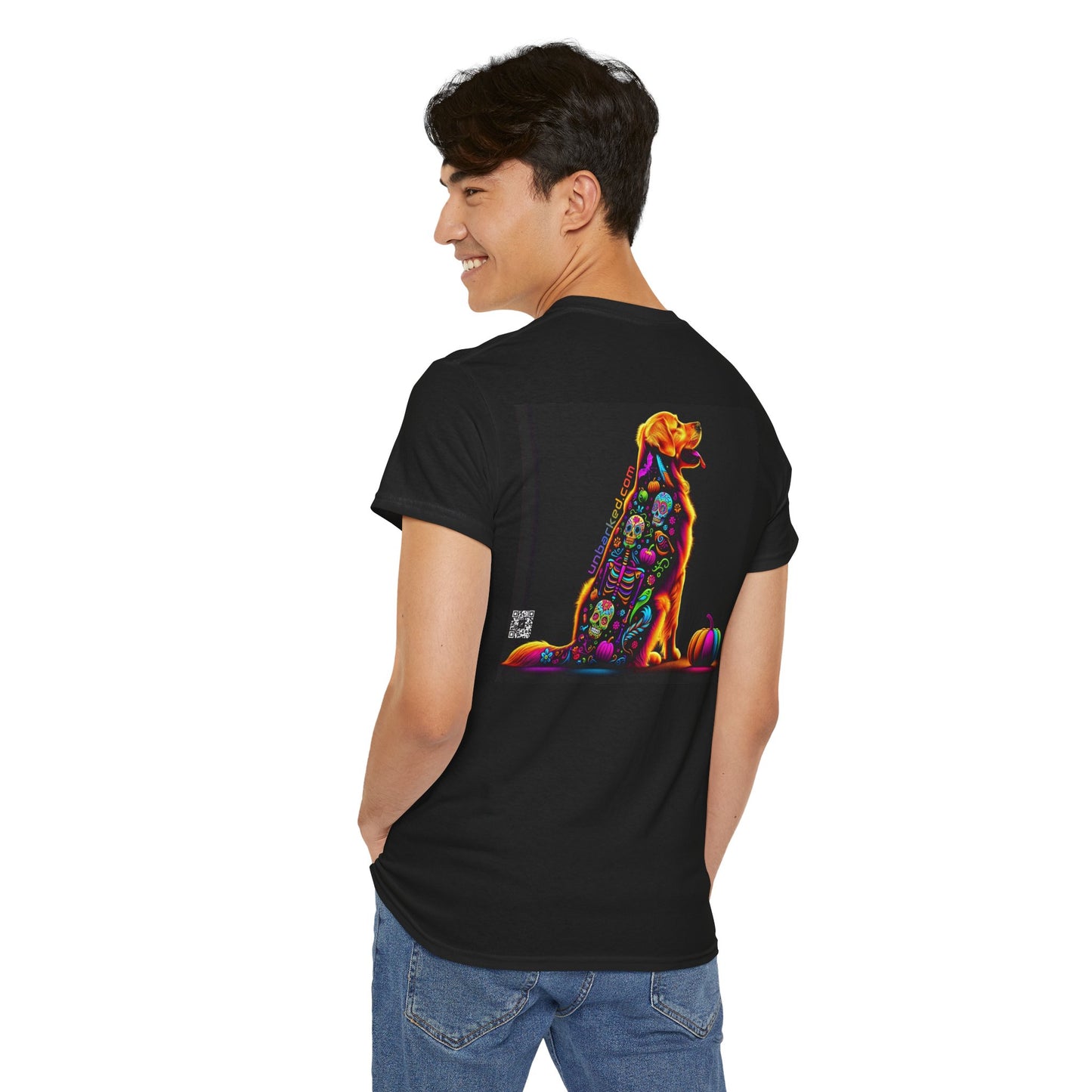 UNBARKED! Halloween Collection - Golden Retreiver Dog Vibrant Día de Muertos Tattoo Unisex Heavy Cotton Tee