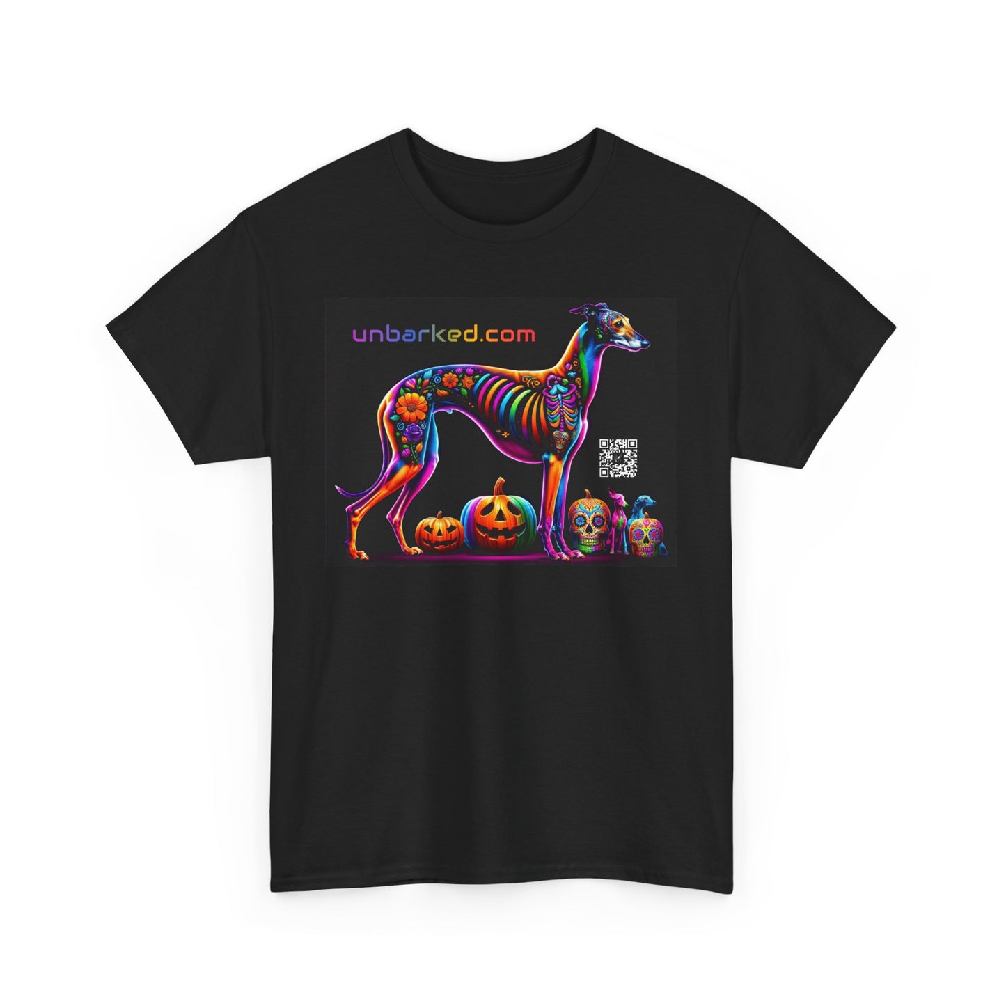 UNBARKED! Halloween Collection - Galgo Greyhound Dog Vibrant Día de Muertos Tattoo Unisex Heavy Cotton Tee