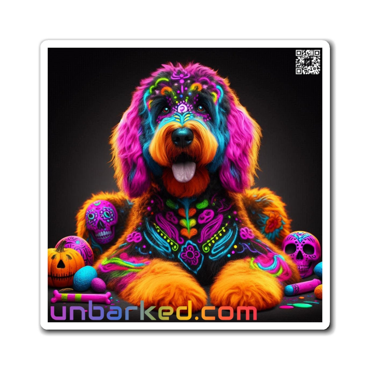 3" Square Magnet - UNBARKED! Halloween Collection - Bernadoodle Doodle Dog Vibrant Día de Muertos Tattoo