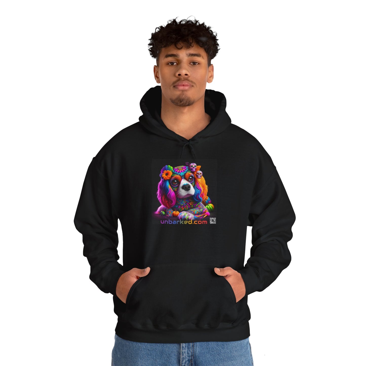 Unisex Heavy Blend™ Hooded Sweatshirt UNBARKED! Halloween Collection - Cavalier King Charles Spaniel Dog Vibrant Día de Muertos Tattoo