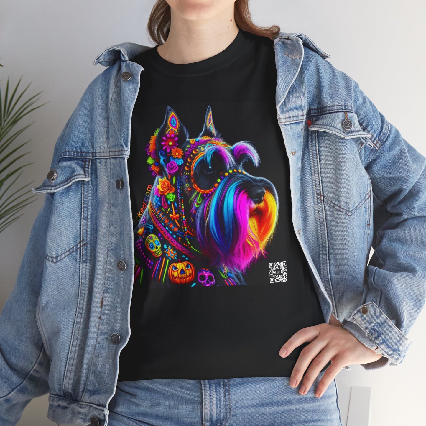 UNBARKED! Halloween Collection - Schnauzer Dog Vibrant Día de Muertos Tattoo Unisex Heavy Cotton Tee