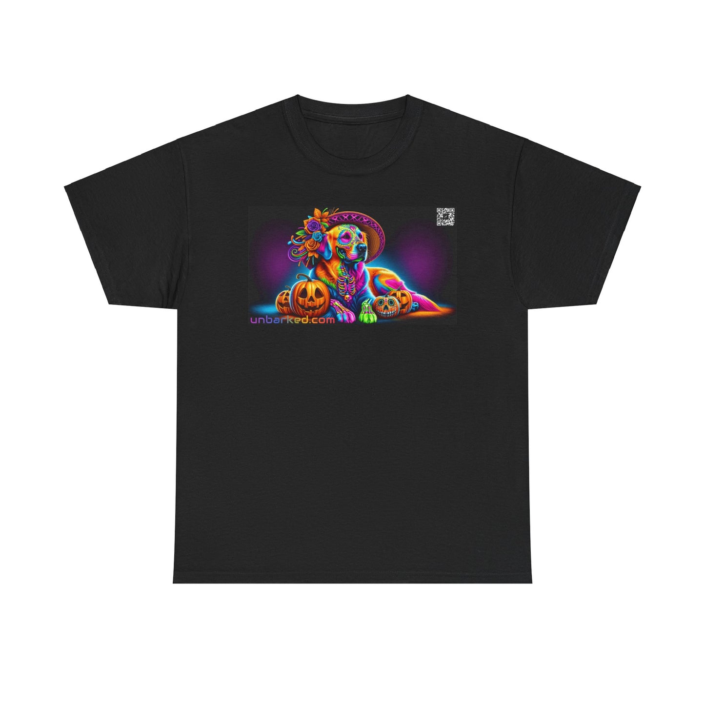 UNBARKED! Halloween Collection - Golden Retreiver Dog Vibrant Día de Muertos Tattoo Unisex Heavy Cotton Tee