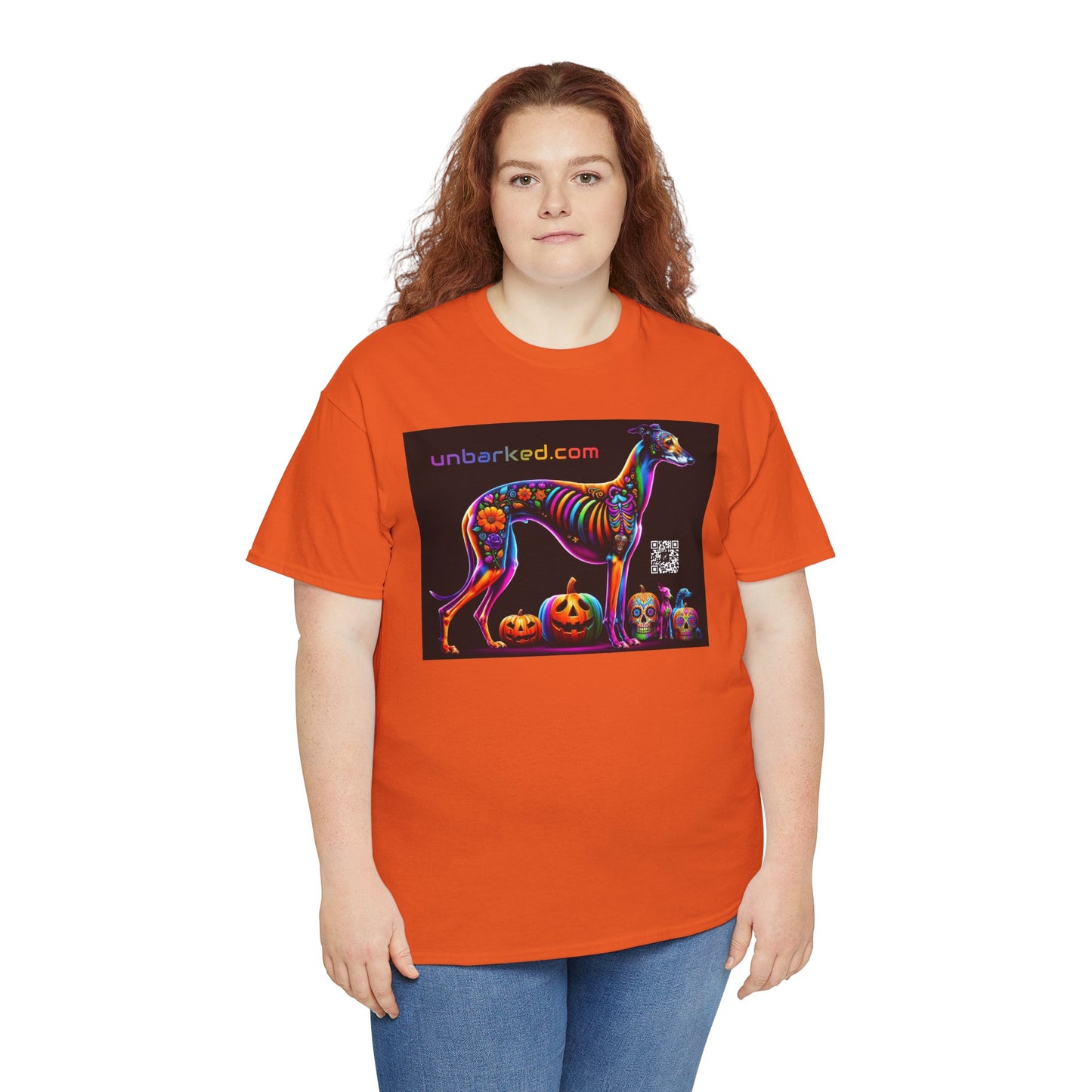 UNBARKED! Halloween Collection - Galgo Greyhound Dog Vibrant Día de Muertos Tattoo Unisex Heavy Cotton Tee